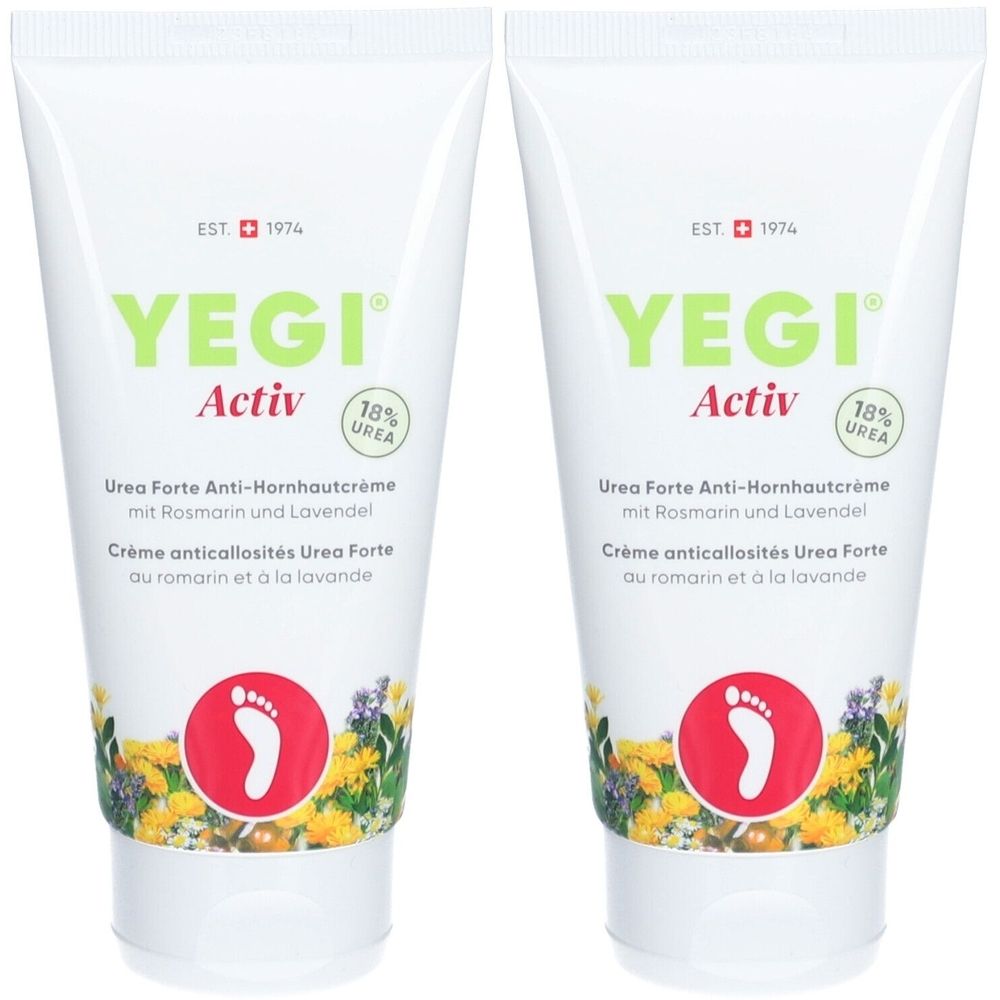 Zwei Tuben YEGI Activ Creme. Weiße Tuben mit grüner Schrift. Fußsymbol. Text: Urea Forte Anti-Hornhautcrème.