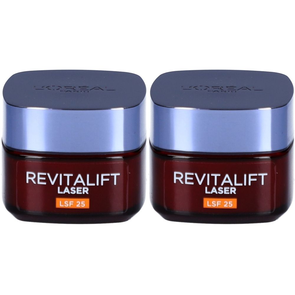 Zwei Tiegel L'Oréal Revitalift Laser SPF25. Braune Gläser mit blau-silbernen Deckeln. Aufschrift: Revitalift Laser, LSF 25.