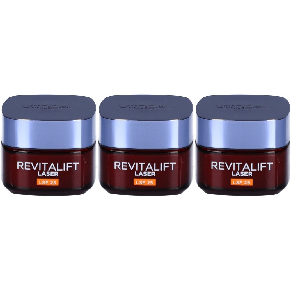 Drei Tiegel L'Oréal Revitalift Laser SPF25. Braunes Glas, blauer Deckel. Aufschrift: Revitalift Laser, SPF 25.