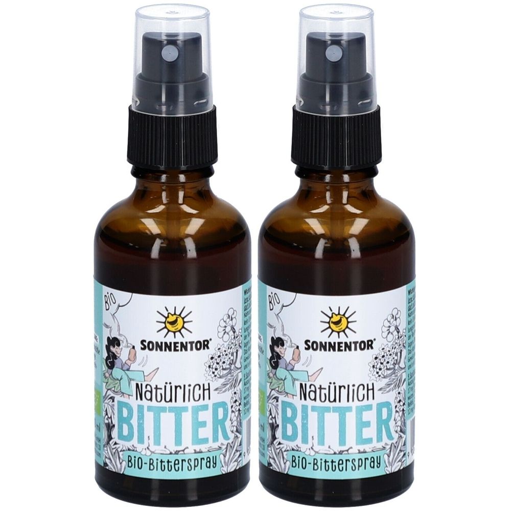 Deux flacons en verre brun avec vaporisateur. Les étiquettes indiquent "SONNENTOR Natürlich BITTER bio".