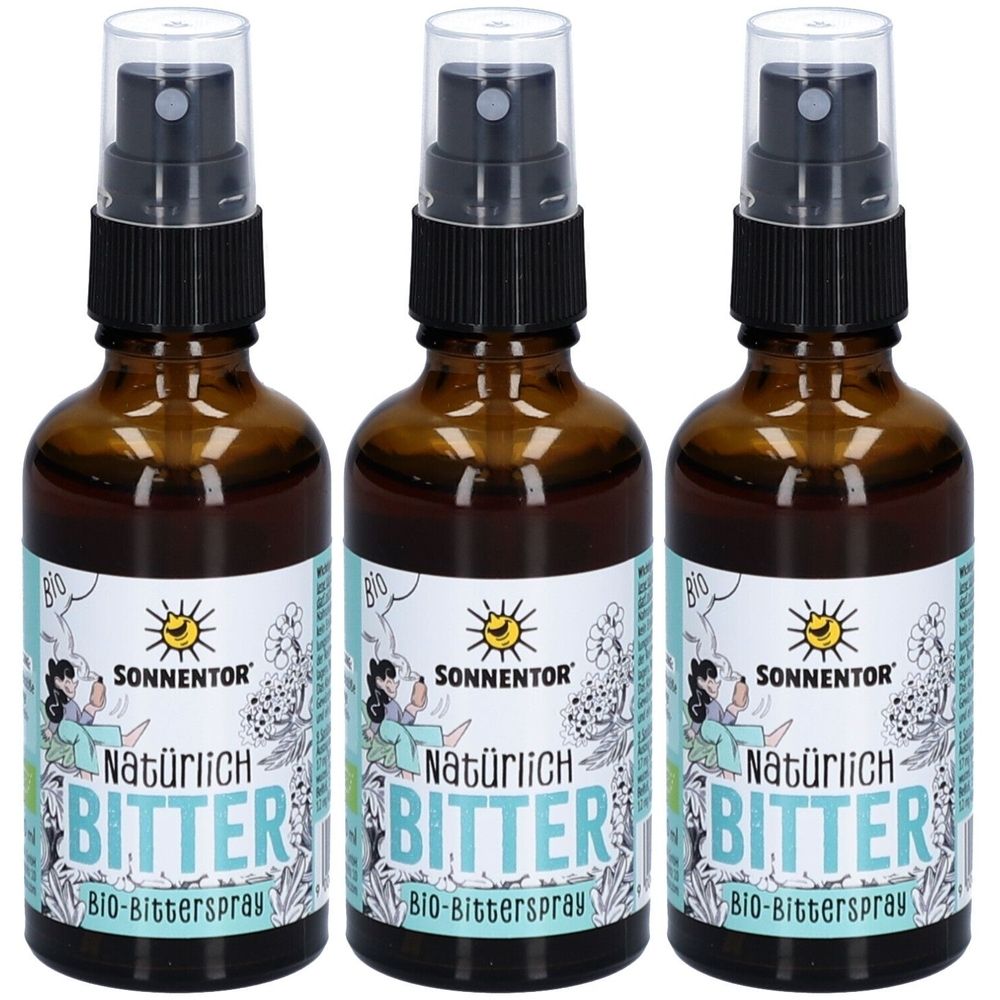 Trois flacons en verre brun avec vaporisateur. Les étiquettes indiquent "SONNENTOR Natürlich BITTER Bio-Bitterspray".