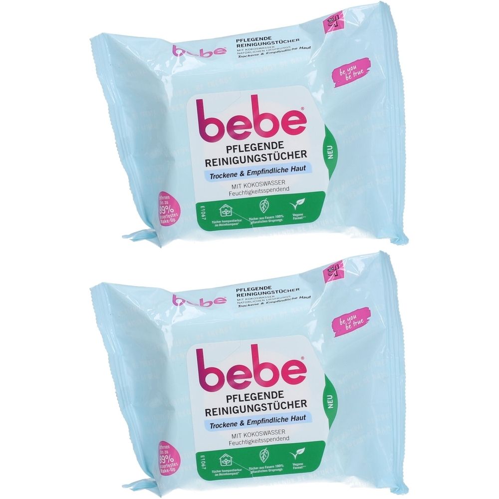 Zwei Packungen bebe® Reinigungstücher. Aufschrift: Pflegende Reinigungstücher, für trockene & empfindliche Haut. Mit Kokosnusswasser. Neu.
