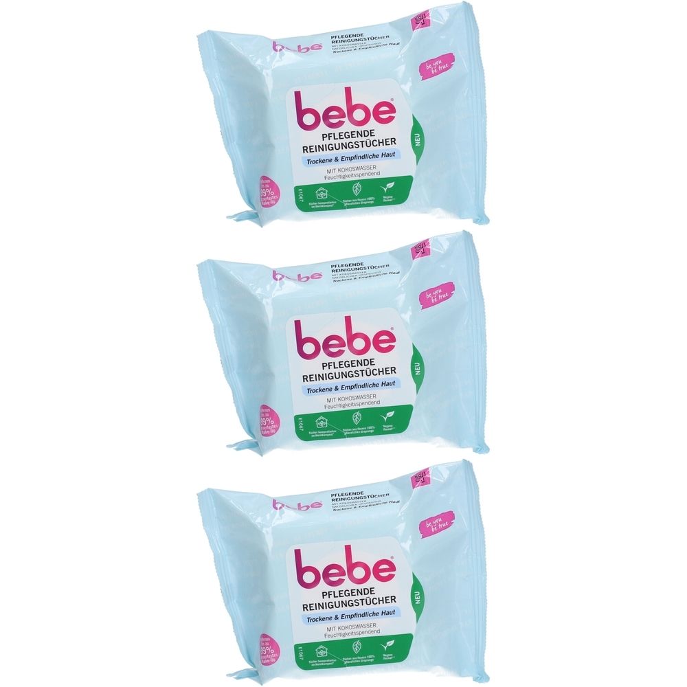 Drei Packungen Reinigungstücher. Jede Packung hat ein weißes Etikett mit dem Wort "bebe" und grünen und rosa Akzenten.
