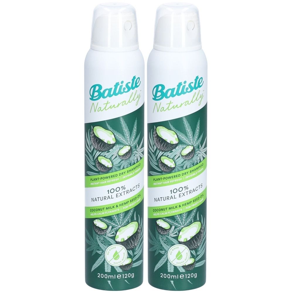 Zwei weiße Sprühflaschen mit grünem Design. Aufschrift: Batiste Naturally, 100% natürliche Extrakte, Kokosmilch & Hanfsamenöl.