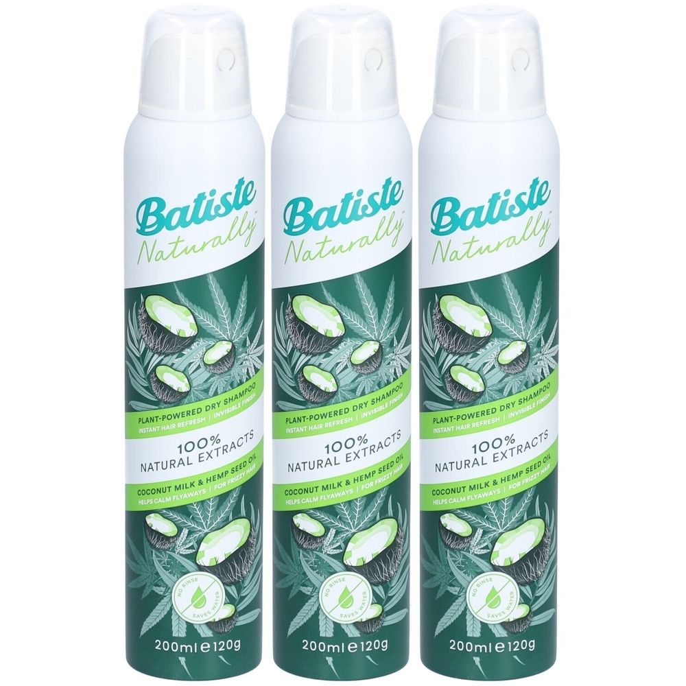 Drei Sprühflaschen Trockenshampoo. Aufschrift: Batiste Naturally, 100% Natural Extracts, Kokosmilch & Hanföl. 200ml e 120g.
