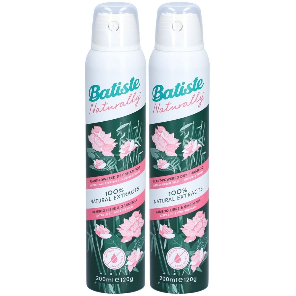 Zwei Sprühflaschen mit weißem Deckel. Aufschrift: Batiste Naturally, 100% Natural Extracts, Bambusfaser & Gardenia.