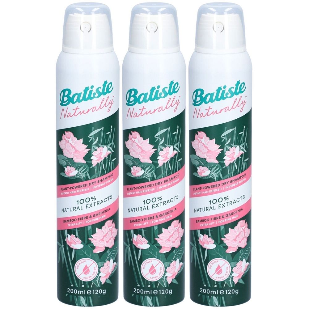 Drei weiße Sprühflaschen mit grünem und rosa Etikett. Aufschrift: Batiste Naturally, 100% Natural Extracts, Bambusfaser & Gardenia.