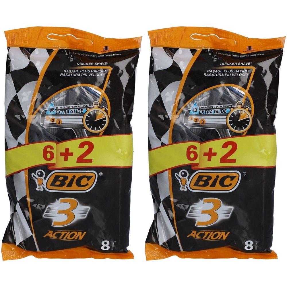 Zwei Packungen Rasierer. Aufschrift: BIC 3 Action, 6+2 Rasierklingen. Verpackung mit Schachbrettmuster und gelben Akzenten.