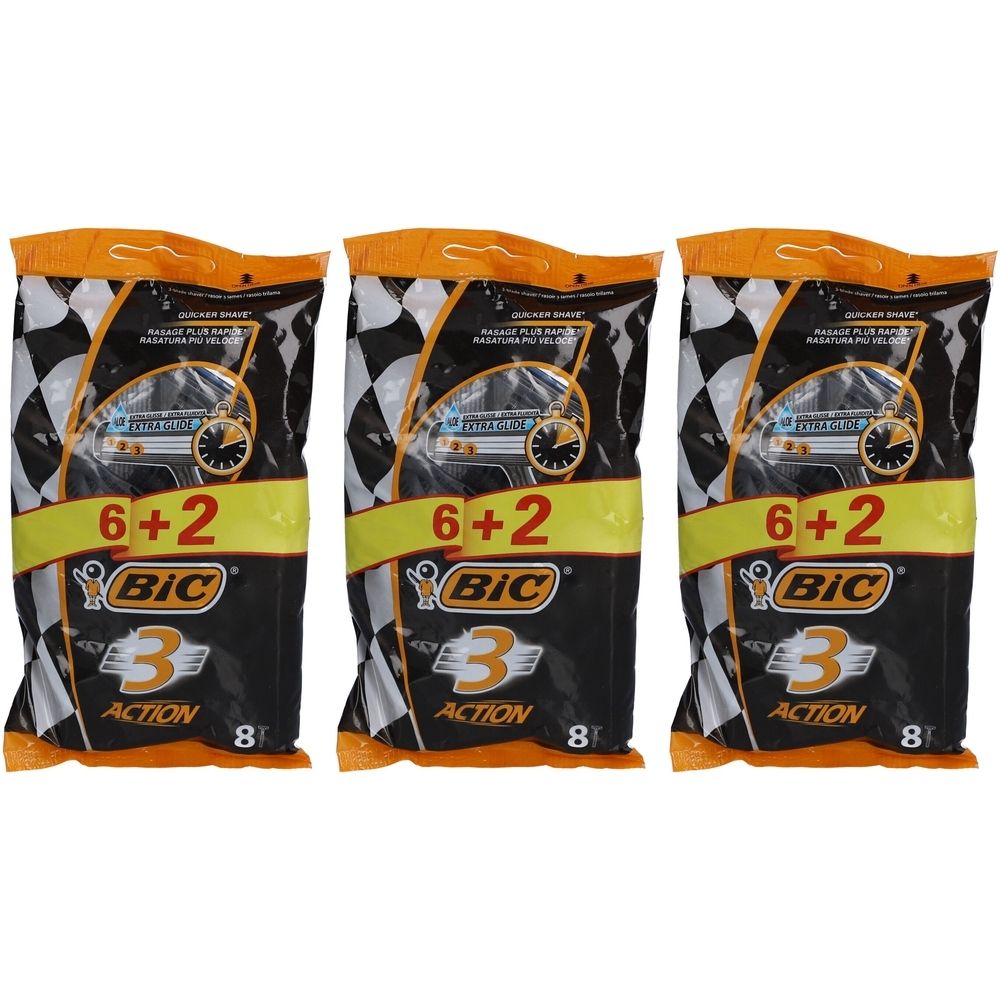 Drei Packungen Rasierer. Schwarze Verpackung mit Schachbrettmuster und gelben Akzenten. Aufschrift: BIC 3 Action, 6+2.