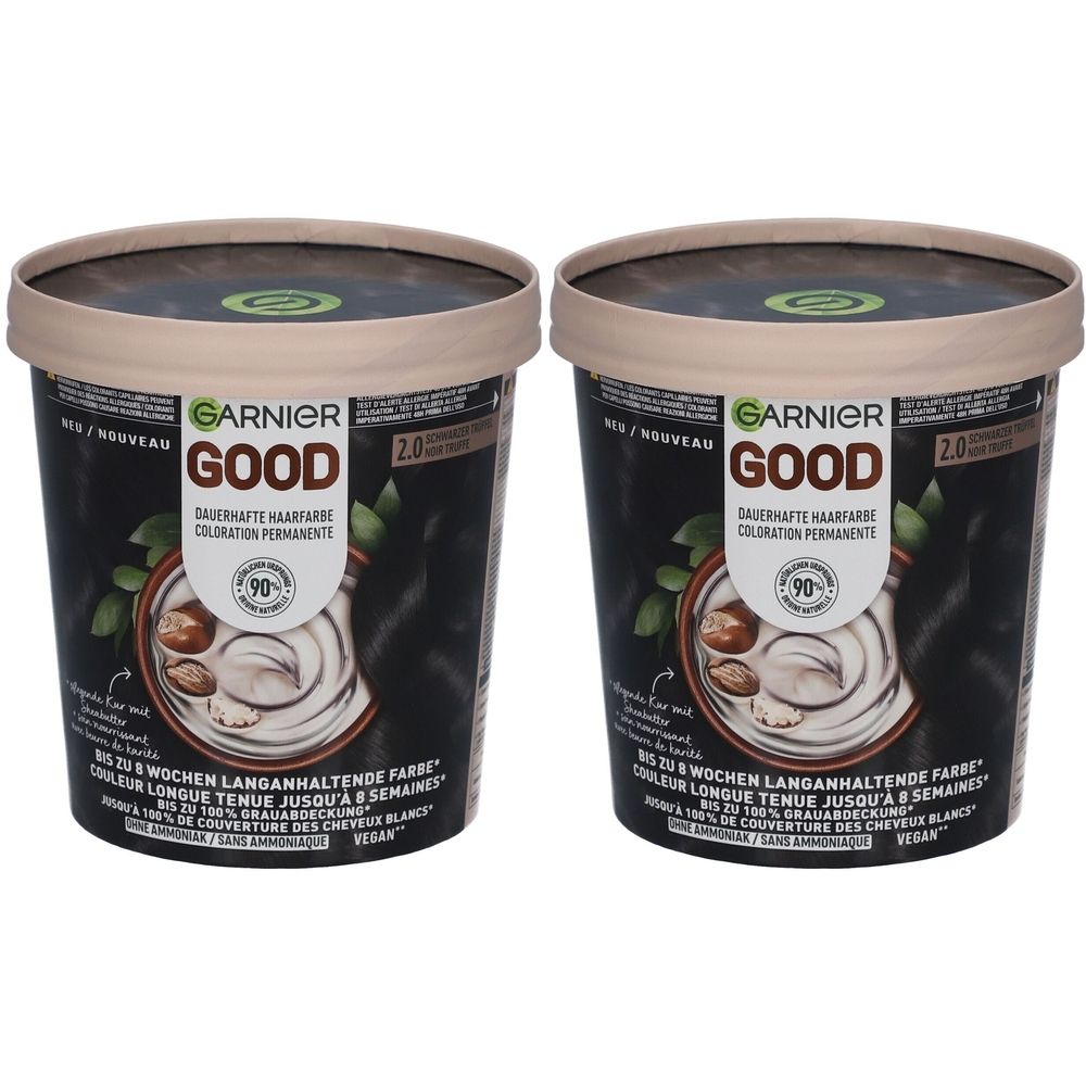 Deux pots ronds avec couvercles. Inscription: GARNIER GOOD, coloration permanente. Couleur noire, 2.0 Trüffelschwarz. Vegan.