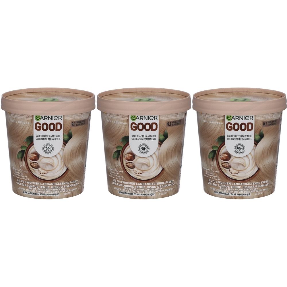 Drei Behälter Garnier GOOD Haarfarbe. Deckel und Behälter hellbraun. Aufdruck: GOOD, 9.1 Vanilla Blond, 93% Inhaltsstoffe natürlichen Ursprungs.