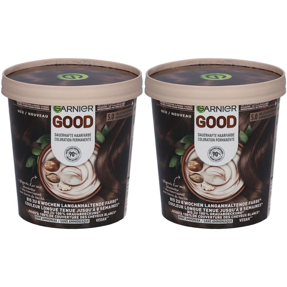 Deux pots de coloration Garnier Good. Inscription : 5.0, coloration permanente, 90% de couverture des cheveux blancs. Vegan.