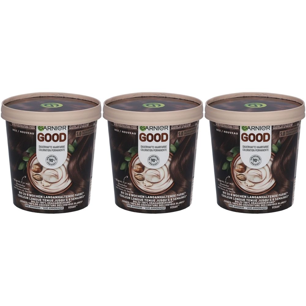 Trois pots de teinture capillaire Garnier Good. Emballage marron foncé avec nom et logo du produit. Couvercles beiges.