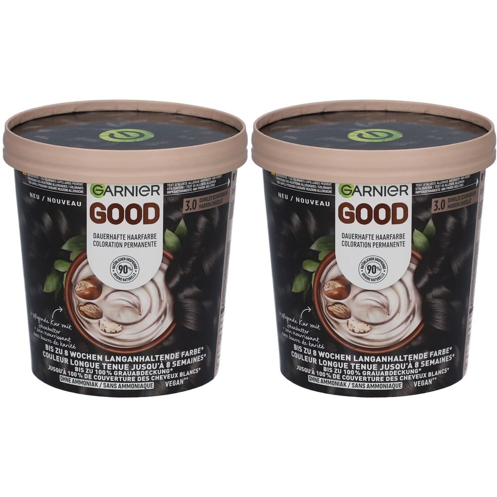 Deux pots ronds de coloration capillaire Garnier Good. Inscription: 3.0, coloration permanente, 90%.