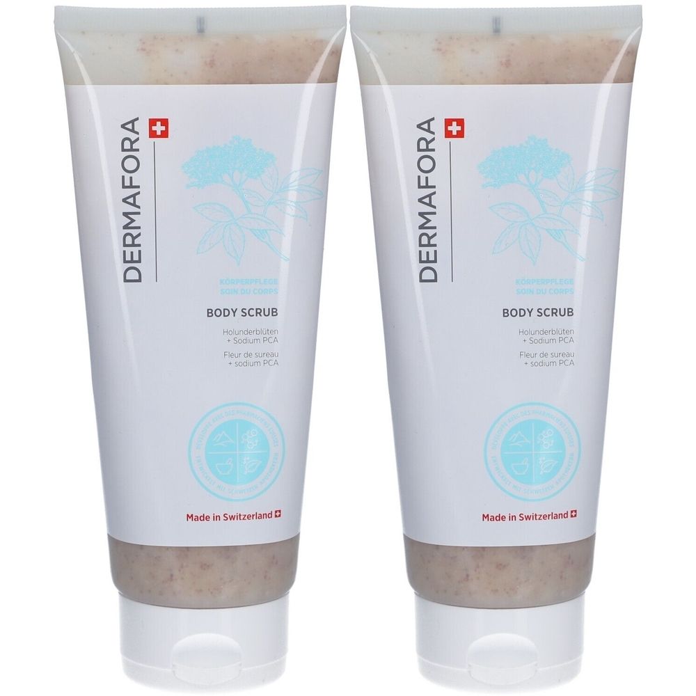 Deux tubes de gommage corporel. Blanc, avec informations produit et logo. Croix suisse. Texte: Body Scrub, Made in Switzerland.