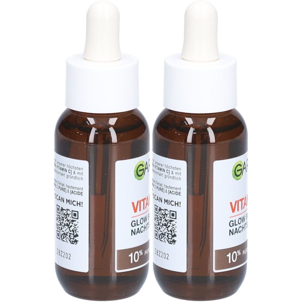 Deux flacons bruns avec pipettes blanches. Les étiquettes indiquent "VITA GLOW NACHT" et "10%". Le logo est "GA".