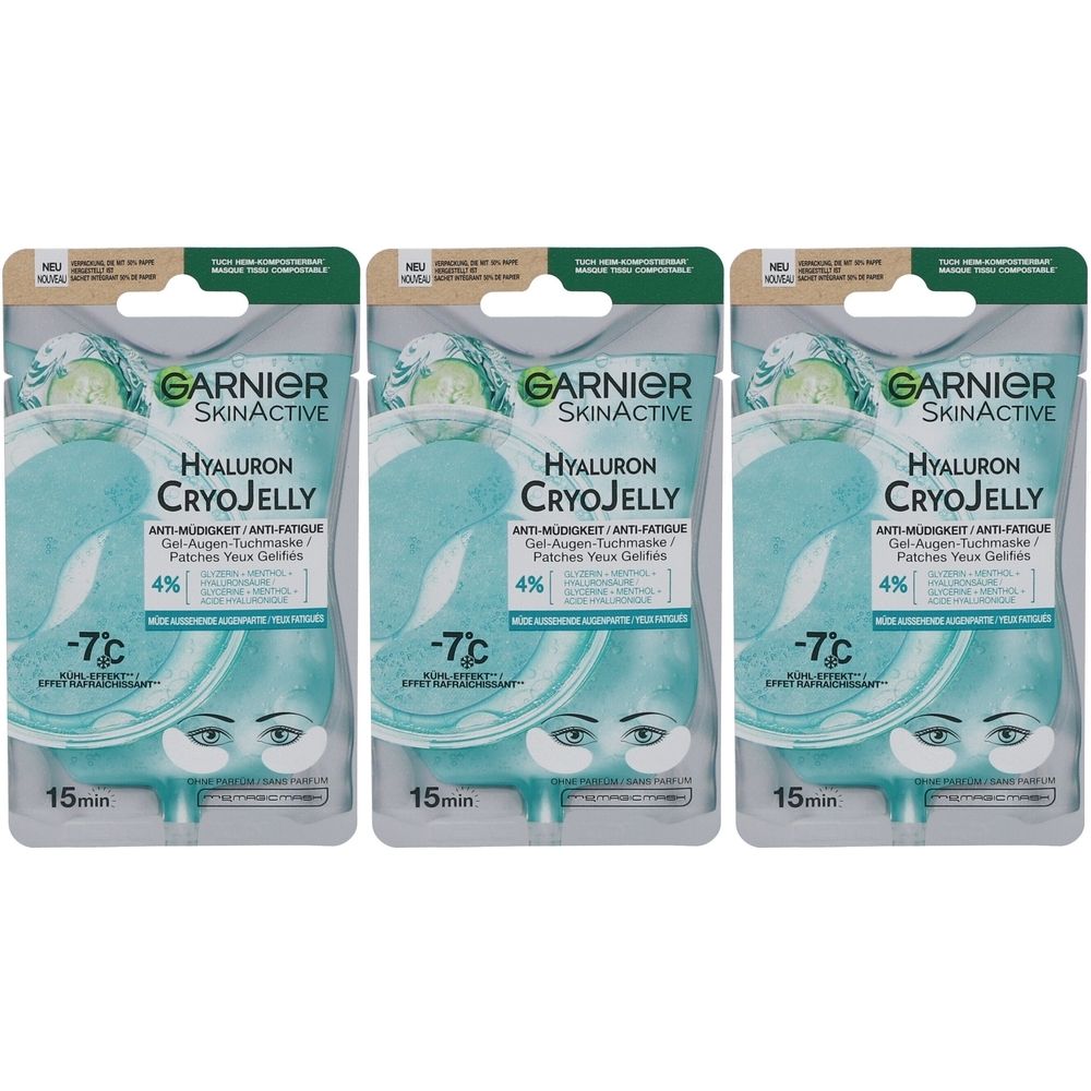 Trois paquets de patchs yeux en gel. Inscription: Garnier SkinActive Hyaluron Cryo Jelly. Design vert et blanc, -7°C.