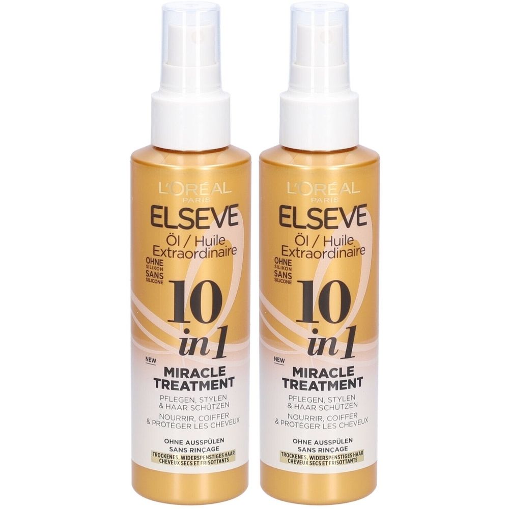 Zwei goldfarbene Sprühflaschen. Aufschrift: L'Oréal Paris Elseve, Öl Extraordinaire, 10 in 1 Miracle Treatment.
