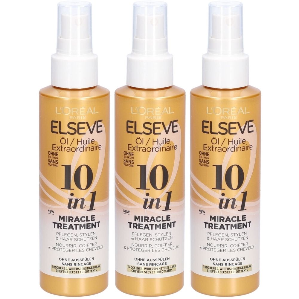 Drei goldfarbene Sprühflaschen mit weißem Sprühkopf. Aufschrift: L'Oréal Paris Elseve Öl/Huile Extraordinaire 10 in 1 Miracle Treatment.