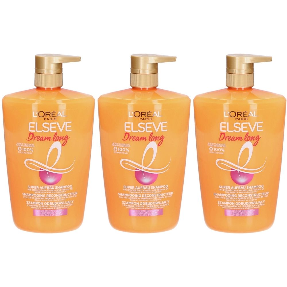 Drei orangefarbene Shampoo-Flaschen mit goldenen Pumpen. Aufschrift: L'Oréal Paris Elseve Dream long, Super Aufbau Shampoo.