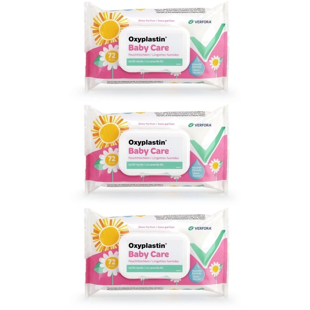Drei Packungen Feuchttücher. Auf jeder Packung steht "Oxyplastin Baby Care" und die Zahl "72". Rosa, weiß und grüne Elemente.