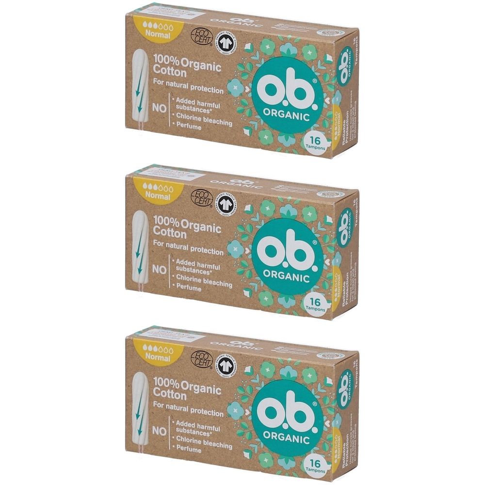 Drei Kartons mit Tampons. Aufschrift: O.B. Organic, 100% Bio-Baumwolle, 16 Stück. Zertifizierung.