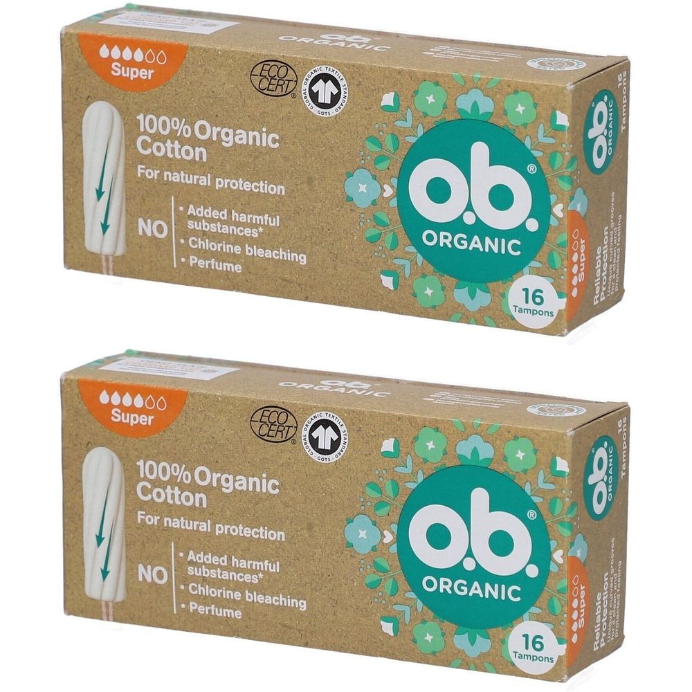 Zwei Kartons mit Tampons. Aufschrift: O.B. Organic, 100% Bio-Baumwolle, Super. 16 Tampons pro Packung.