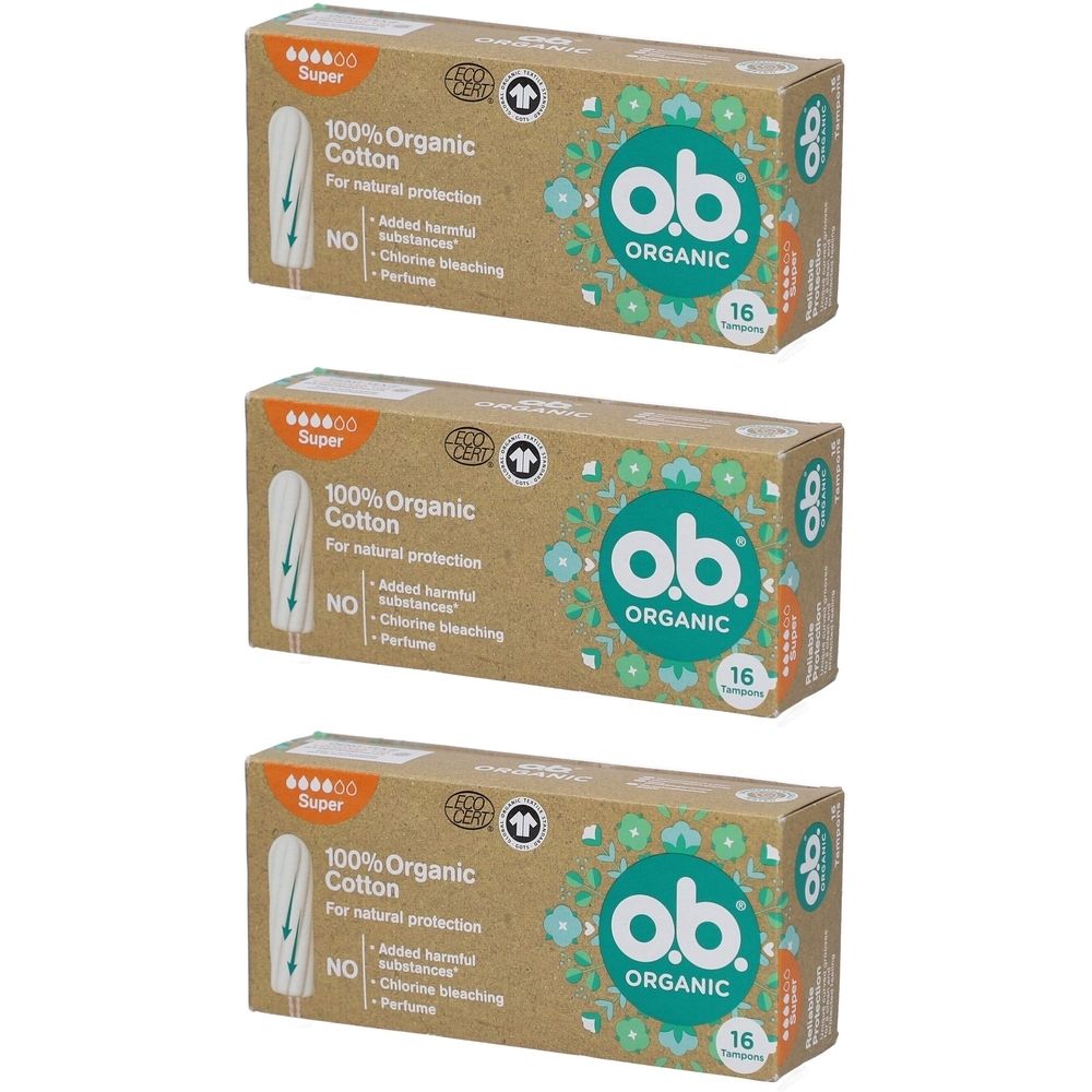 Drei Schachteln mit Tampons. Aufschrift: o.b. Organic, 100% Organic Cotton, Super. Mit 16 Tampons.