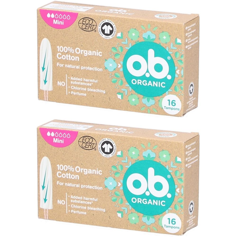 Zwei Kartons mit Tampons. Aufschrift: o.b. ORGANIC, 16 Tampons, Mini, 100% Bio-Baumwolle. Mit EcoCert-Siegel.