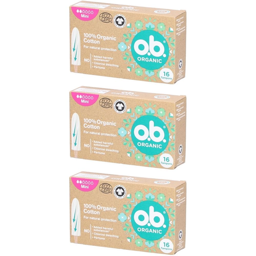 Drei Kartons mit Tampons. Aufschrift: ob ORGANIC, 100% Bio-Baumwolle, Mini, 16 Stück. Mit Zertifizierungen.