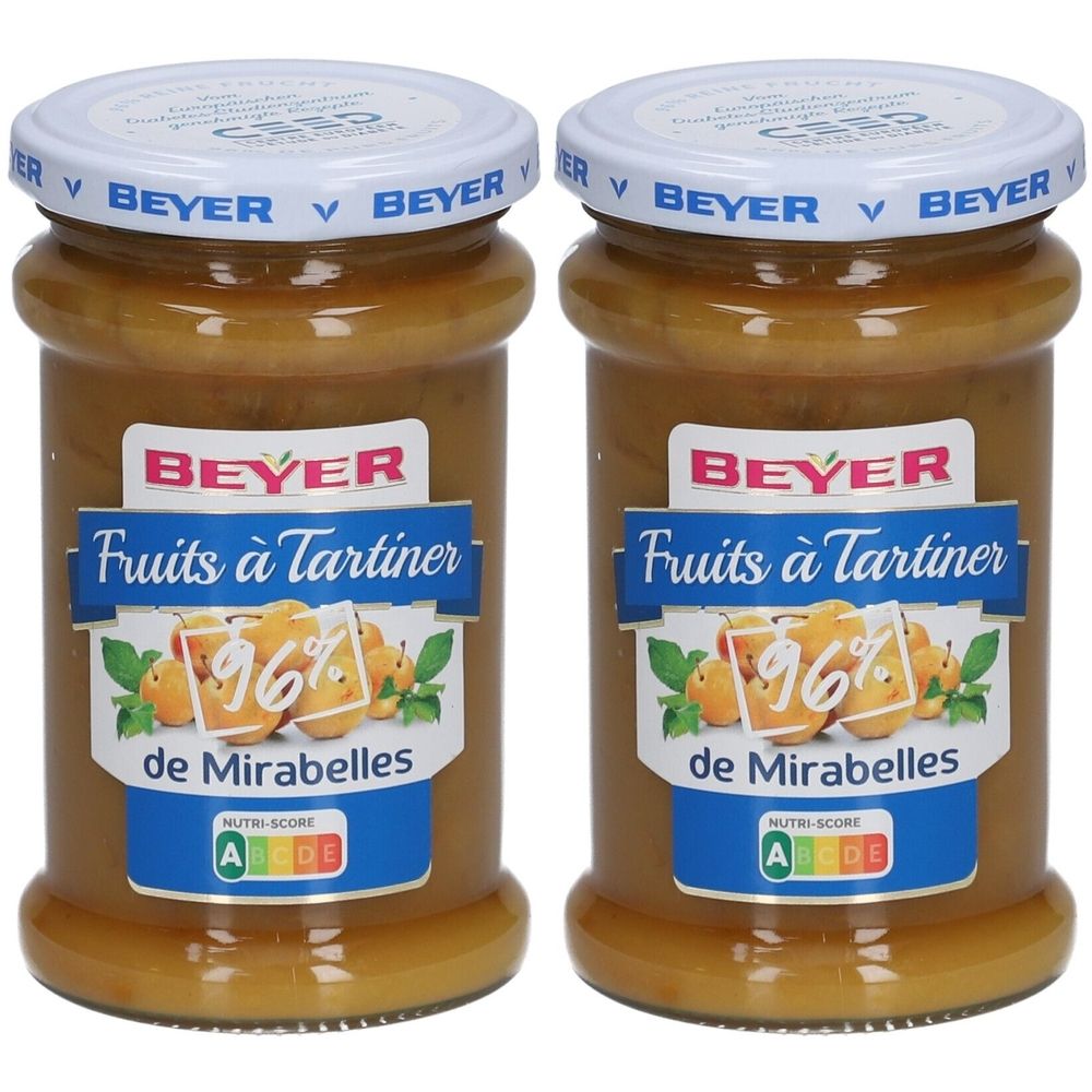 Deux pots de confiture de mirabelles. Inscription : BEYER, Fruits à Tartiner, 96% de Mirabelles. Avec Nutri-Score.