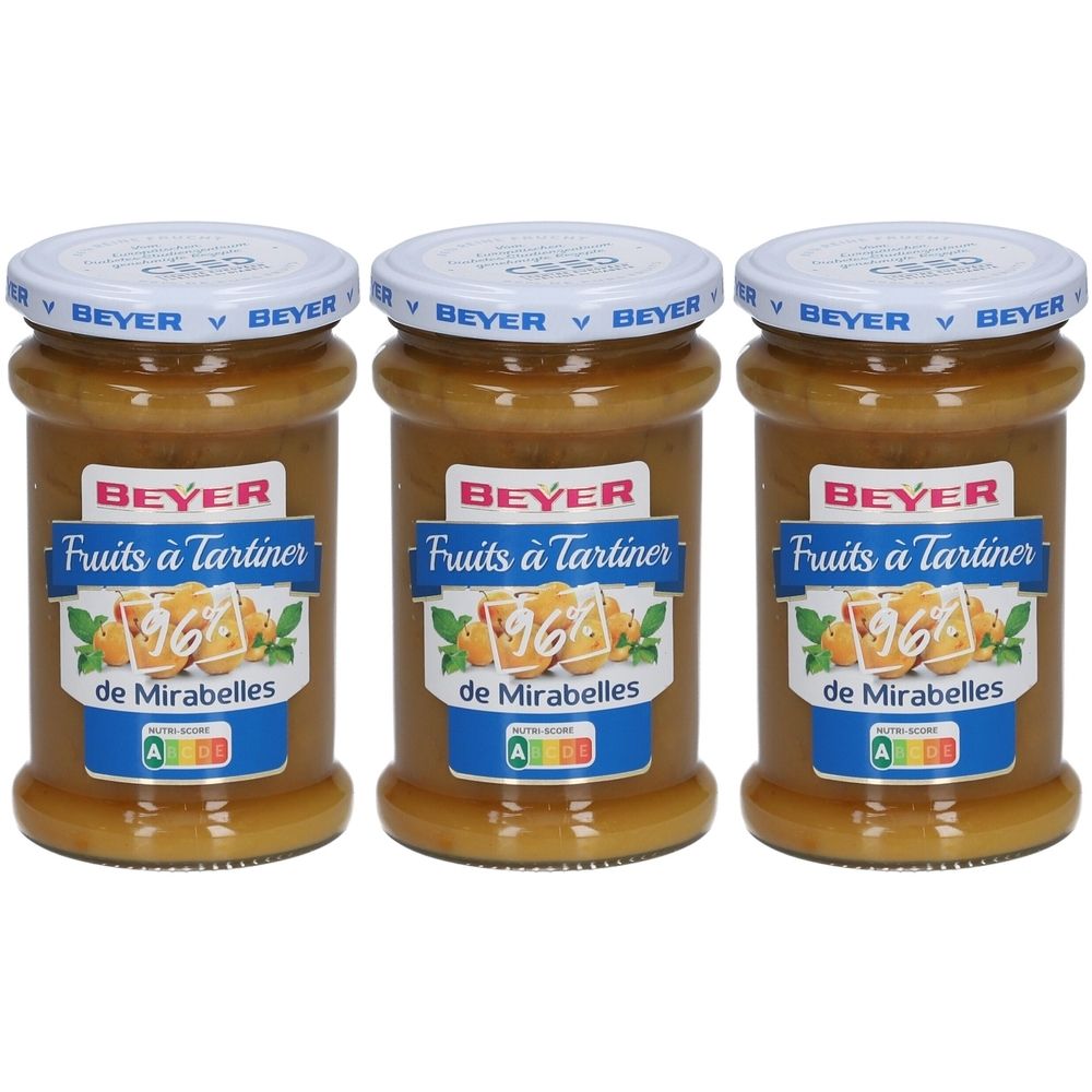 Trois pots de confiture de mirabelles. Inscription : BEYER, Fruits à Tartiner, 96% de Mirabelles. Couvercles avec inscription BEYER.