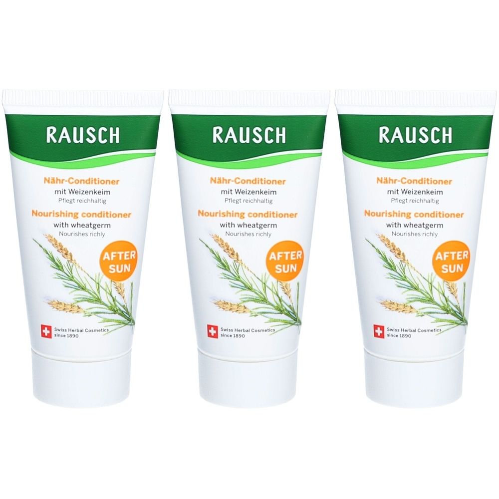 Trois tubes de revitalisant RAUSCH au germe de blé. Tubes blancs avec bouchon vert et texte. Contient le logo de la cosmétique suisse aux herbes.