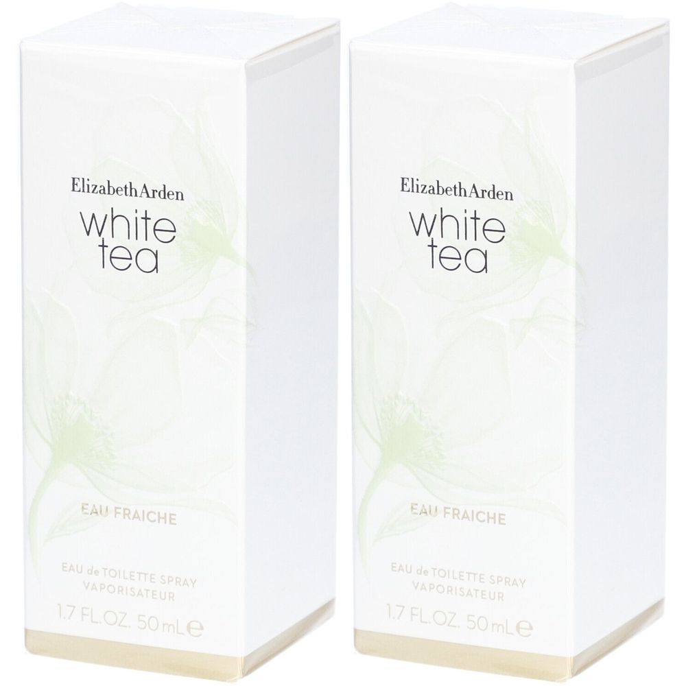 Zwei weiße Kartons mit Produktbeschriftung. Aufschrift: Elizabeth Arden White Tea Eau Fraîche. 1.7 FL OZ 50ml.