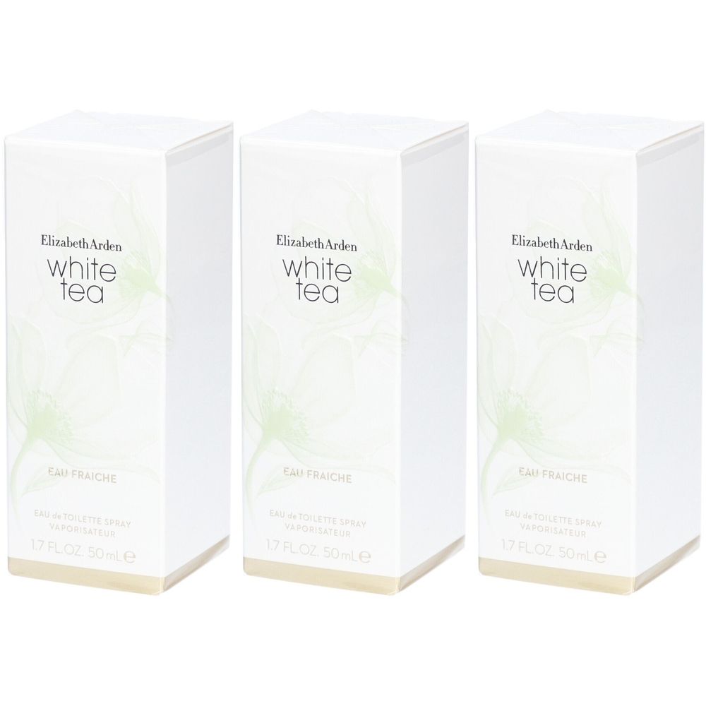 Drei weiße Kartons mit "Elizabeth Arden White Tea Eau Fraîche". Aufdrucke: "Eau Fraîche", "1.7 FL.OZ. 50ml e".