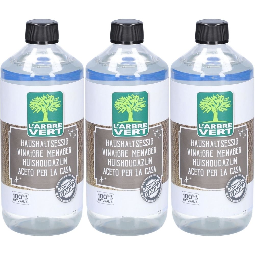 Drei Flaschen mit schwarzem Deckel. Auf den Etiketten steht "L'ARBRE VERT" und "HAUSHALTSESSIG".