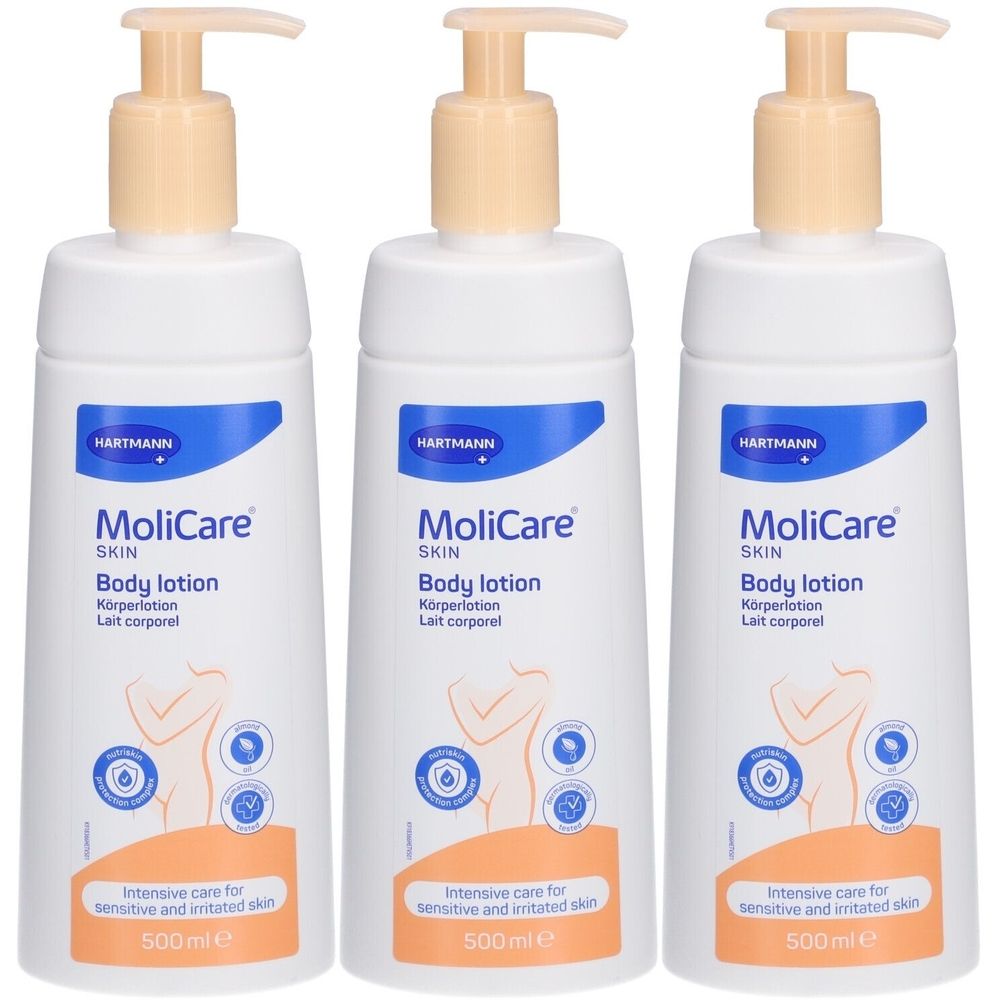 Drei weiße Flaschen mit Spender. Aufschrift: MoliCare Skin Body Lotion. Orangefarbener Bereich mit Text: Intensive Pflege für empfindliche Haut.