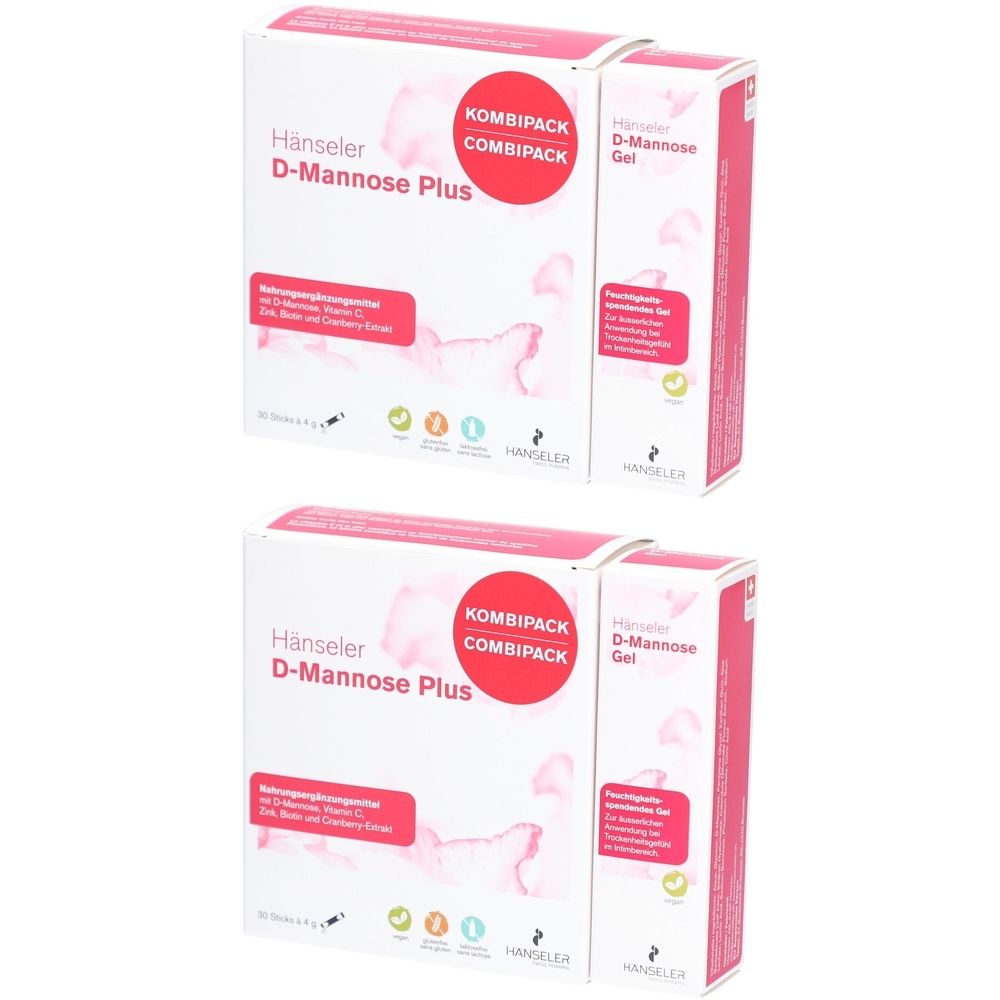 Zwei Kombipackungen Hänseler D-Mannose Plus. Weiße Kartons mit rosa Akzenten und Produktbezeichnungen. Aufschrift "Kombipack".