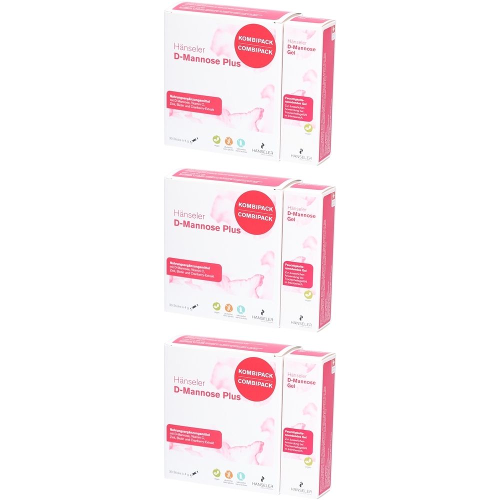 Drei Kombipackungen mit weißer Verpackung. Aufdruck: "Hinseler D-Mannose Plus" und "COMBIPACK". Rosa Akzente.