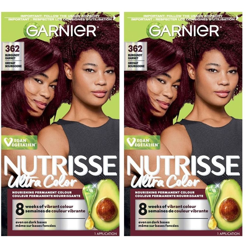 Deux boîtes de Garnier Nutrisse Ultra Color 362 Burgundy Garnet. Inscriptions : Vegan, 8 semaines de couleur vibrante, illustration d'avocat.