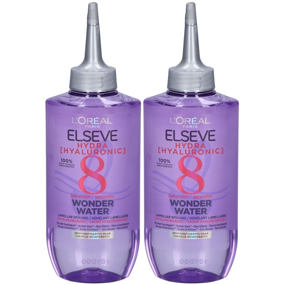 Deux flacons de L'Oréal Paris Elseve Hydra Hyaluronic Wonder Water. Flacons violets avec applicateurs argentés. Texte: 8, Wonder Water.