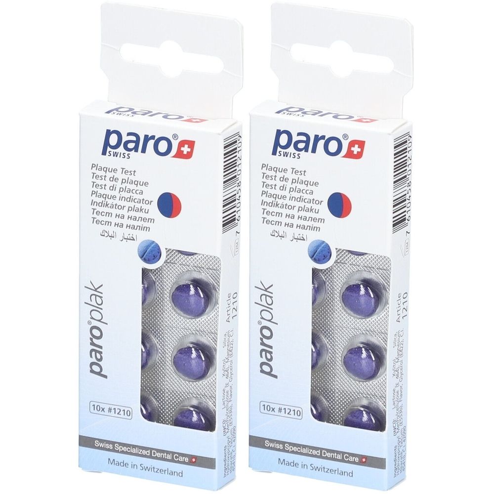 Zwei Schachteln paro® Plaque Test. Jede Schachtel enthält Tabletten in Blisterpackung. Aufdrucke: Plaque Test, Swiss Made.