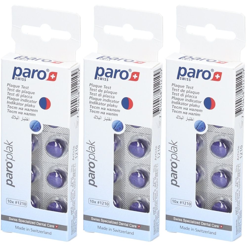Drei Schachteln paro® Plaque Test. Jede Schachtel enthält Blister mit Tabletten. Aufdrucke: paro, Plaque Test, Swiss Made.