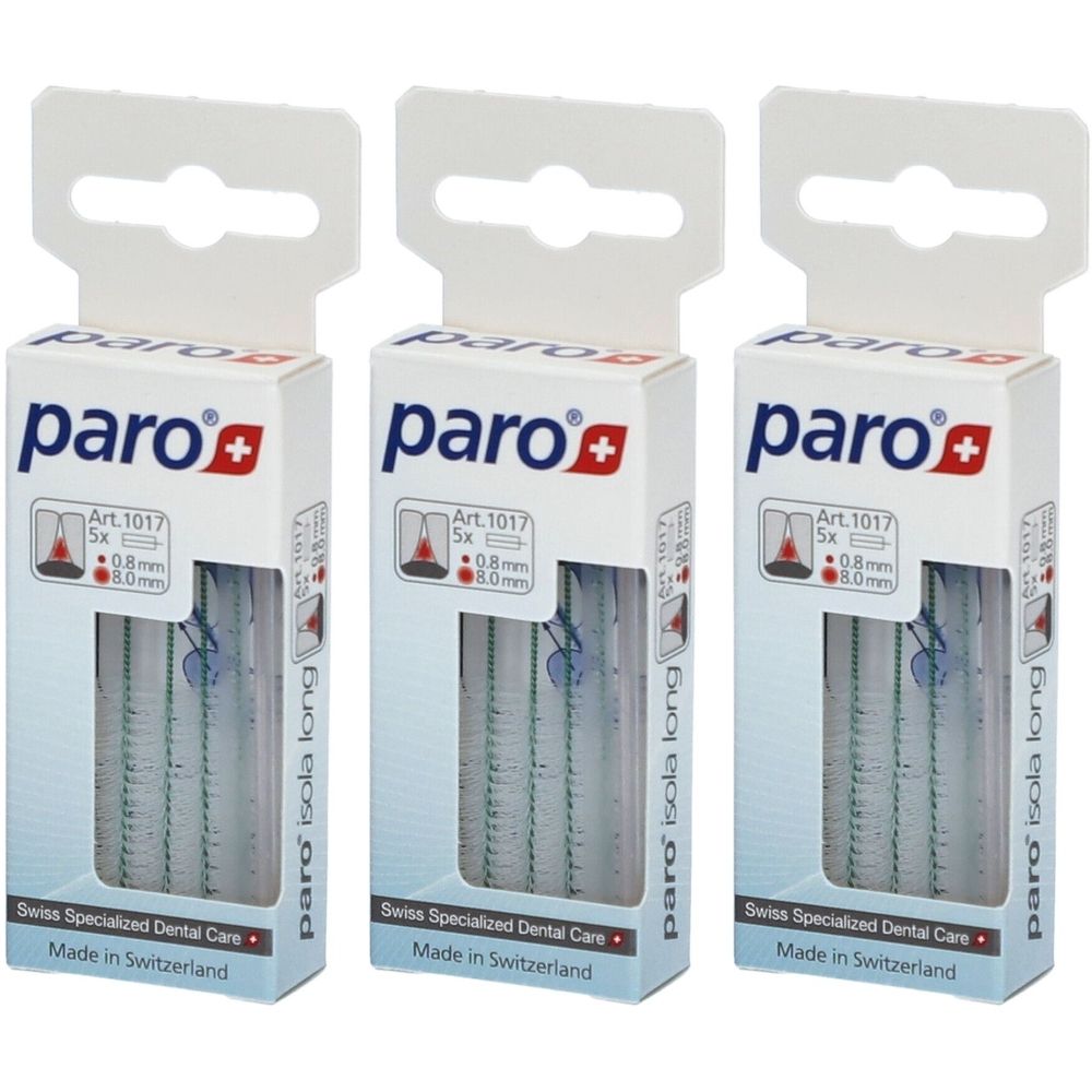 Trois boîtes de paro® ISOLA lang. Chaque boîte affiche le logo, les informations sur le produit et la mention "Swiss Specialized Dental Care".