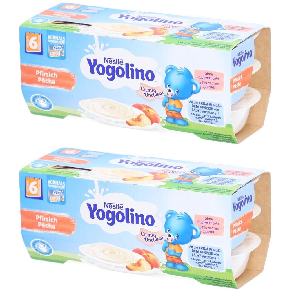 Nestlé Yogolino, pack de 6. Saveur crémeuse de pêche. Emballage de desserts au yaourt en pots pour bébés dès 6 mois.