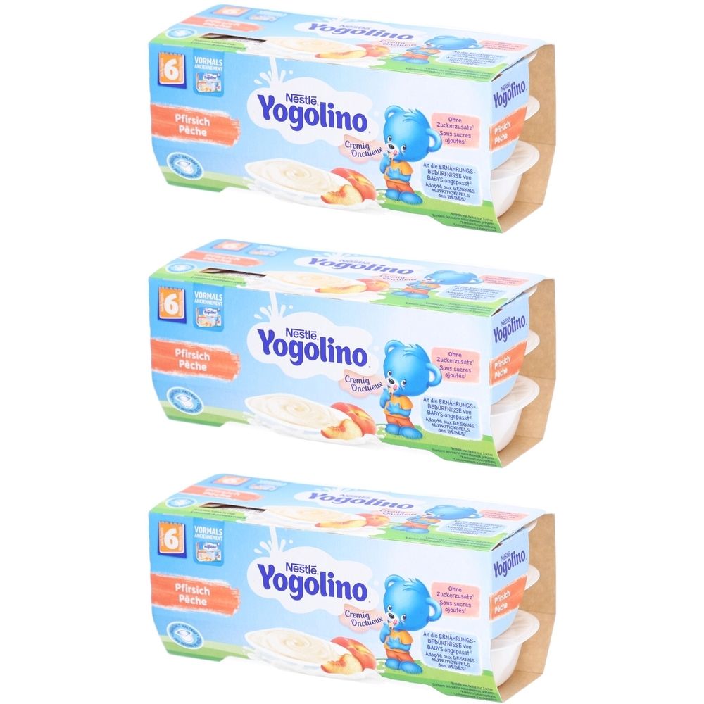 Trois boîtes de Nestlé Yogolino Cremig Pfirsich. Chaque boîte contient six pots. Inscriptions : Yogolino, Pfirsich, 6 mois.