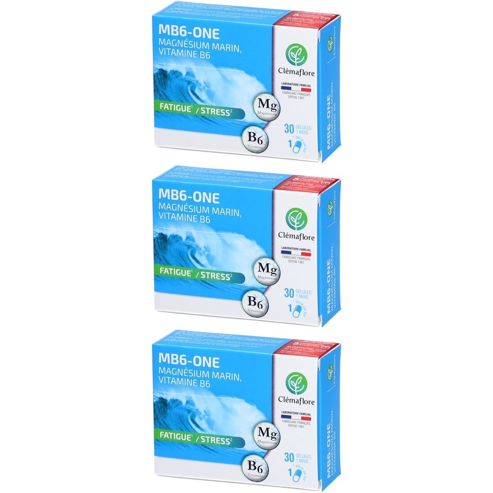 Trois boîtes MB6-ONE, Magnésium Marin, Vitamine B6. Marque Clémaflore. Inscription : Fatigue/Stress, Mg, B6, 30.