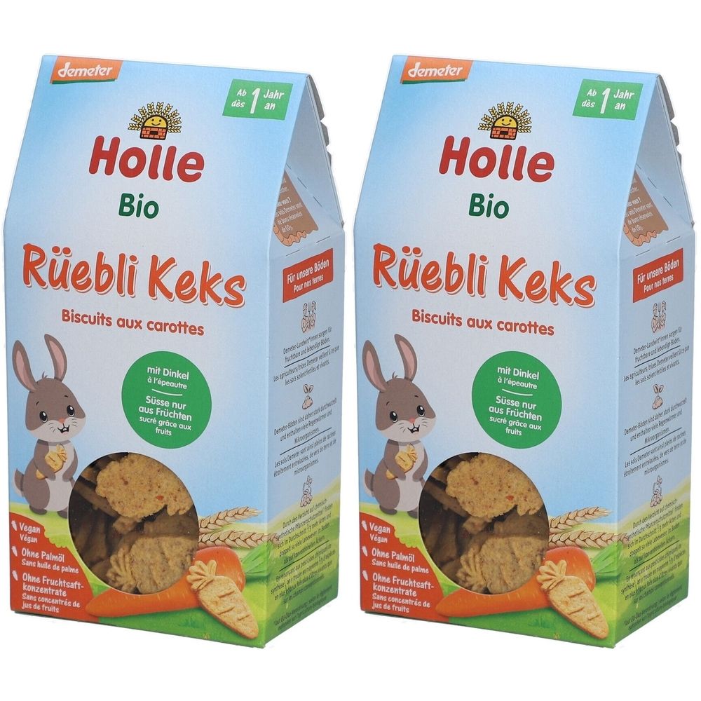 Deux boîtes de Holle Bio Rüebli Keks. Illustration: lapin, carotte, logo Demeter. Texte: Sans huile de palme, végétalien, sans concentré de fruits.