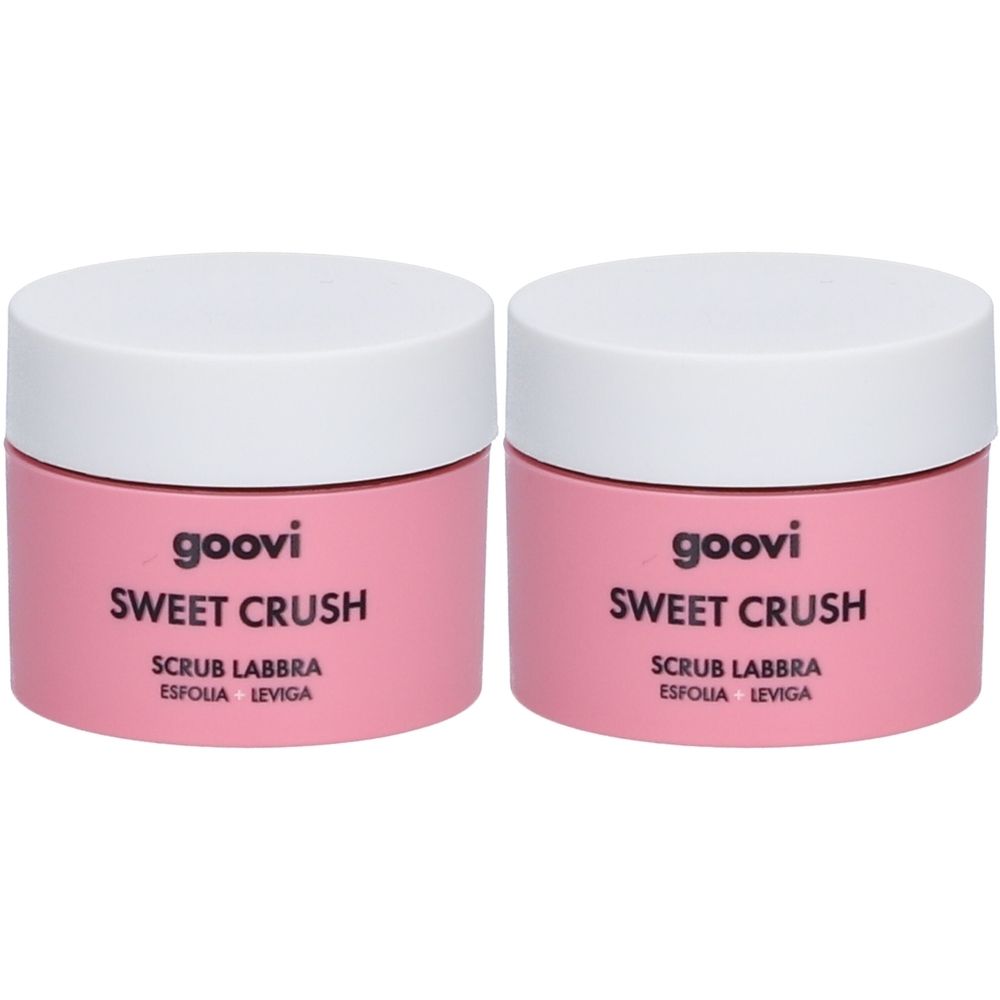 Zwei rosa Tiegel mit weißem Deckel. Aufschrift: Goovi Sweet Crush, Scrub Labbra, Esfolia, Leviga.