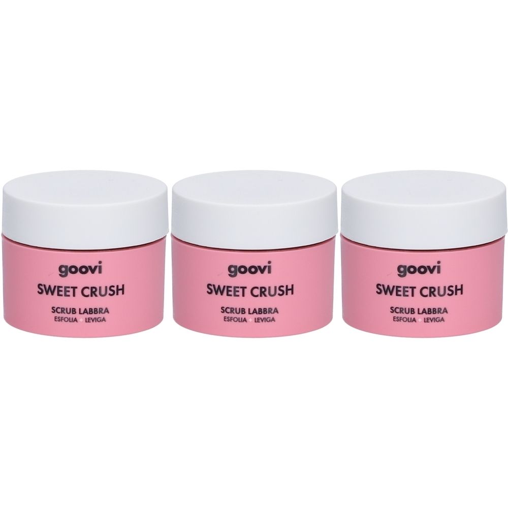 Drei rosa Tiegel mit weißem Deckel. Aufschrift: Goovi Sweet Crush, Scrub Labbra.